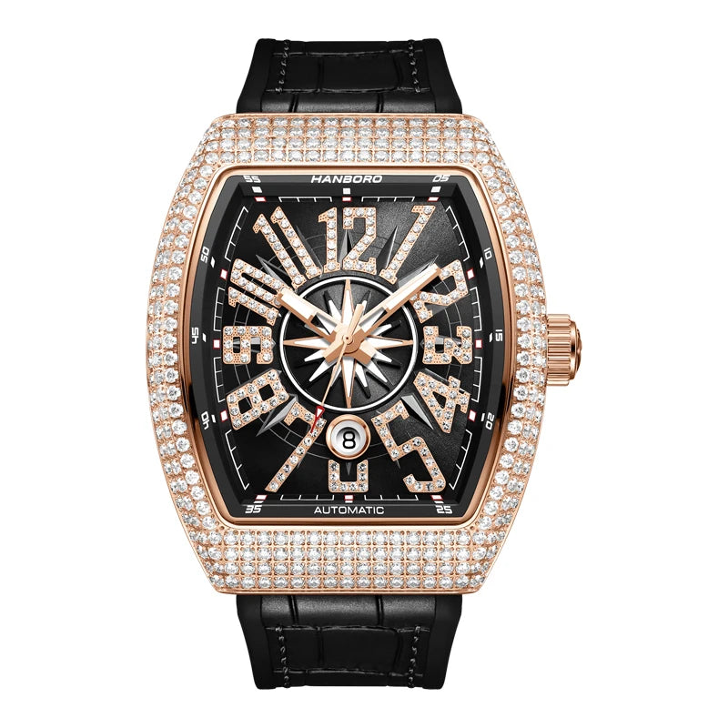 HANBORO 9029 Montre Homme Automatique Tonneau 445 Cristaux Étanche 5ATM – CLEVI Paris