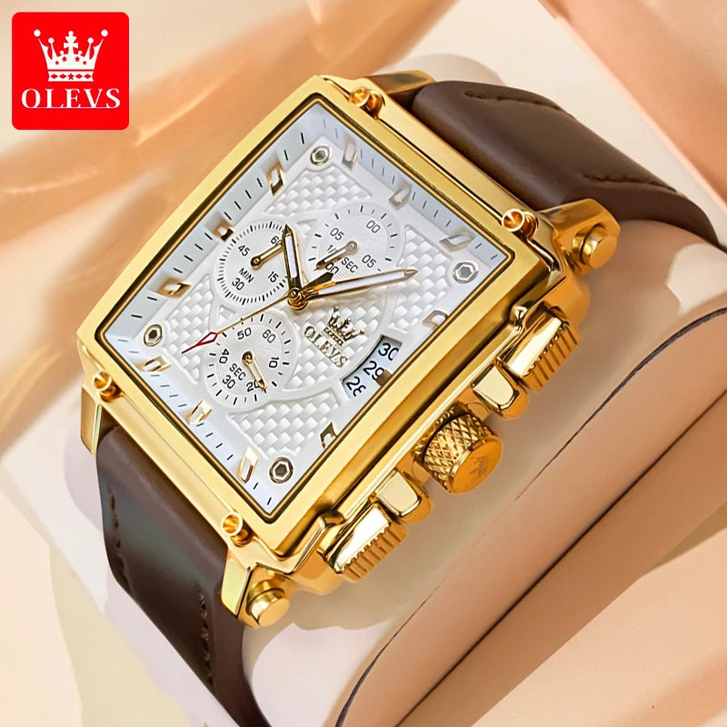 OLEVS 9925 Montre Homme Quartz Carrée Chronographe Date Lumineux Cuir 30M – CLEVI Paris