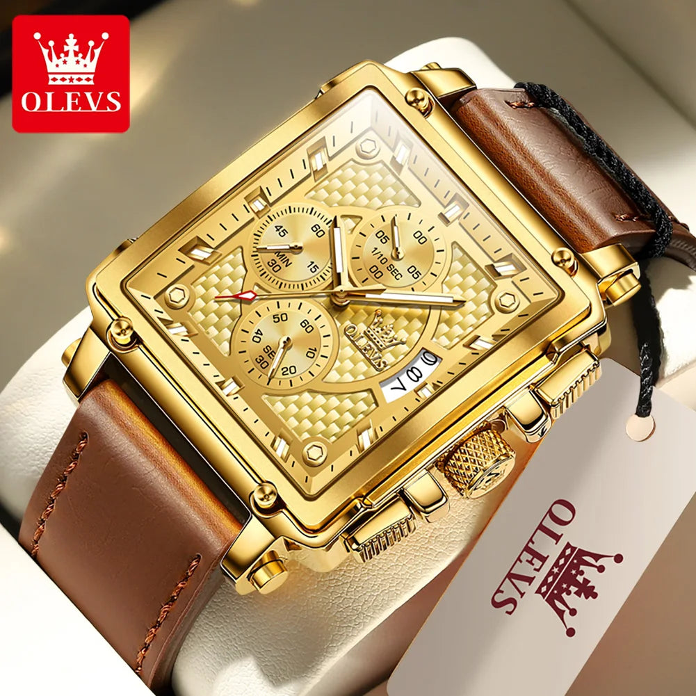 OLEVS 9925 Montre Homme Quartz Carrée Chronographe Date Lumineux Cuir 30M – CLEVI Paris