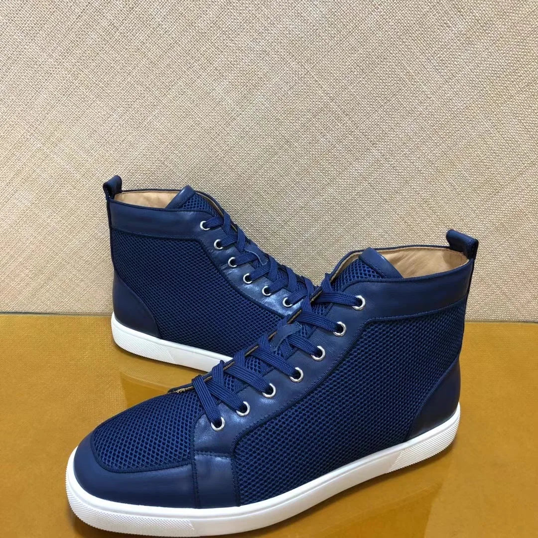 Sneakers Montantes Cuir Grille Bleue Semelle Rouge Unisexe – CLEVI Paris