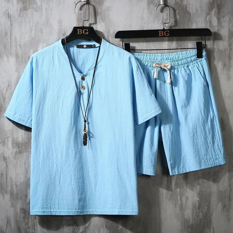 Ensemble Homme T-Shirt Col V Manches Courtes + Short Cordon Coton Casual Été Grande Taille – CLEVI Paris