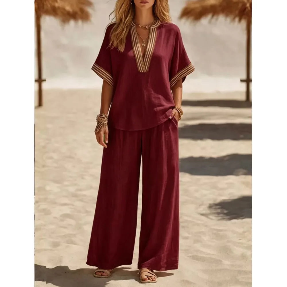 Ensemble femme col V et pantalon ample – CLEVI Paris