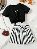 Ensemble fille t-shirt cœur et short rayé – CLEVI Paris