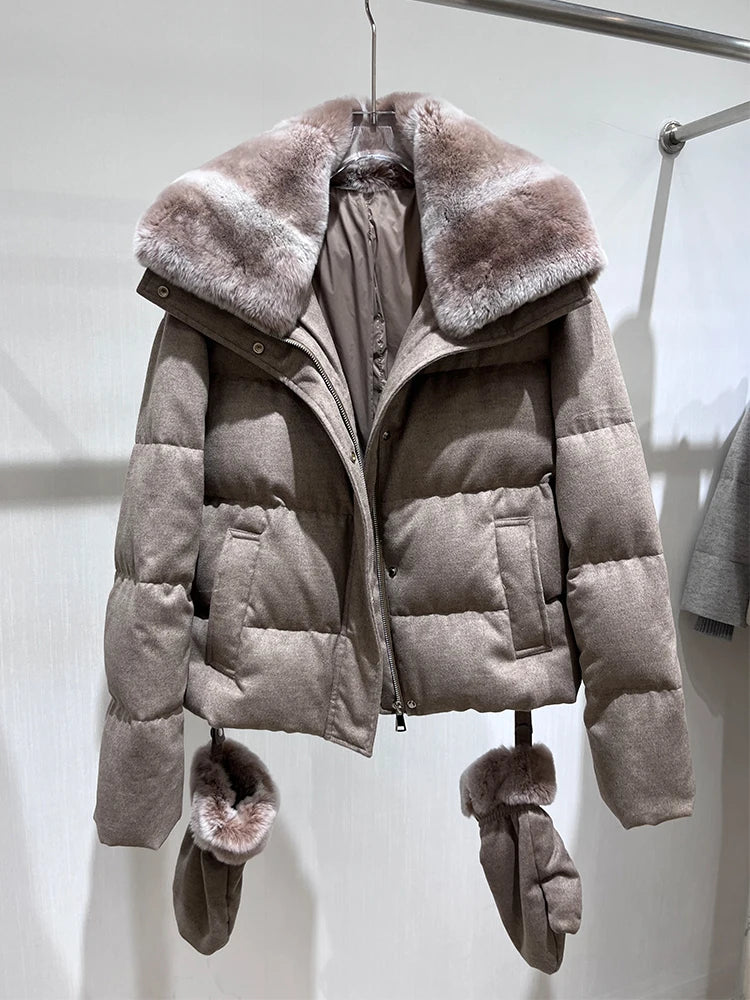 Doudoune femme courte col en lapin Rex – CLEVI Paris