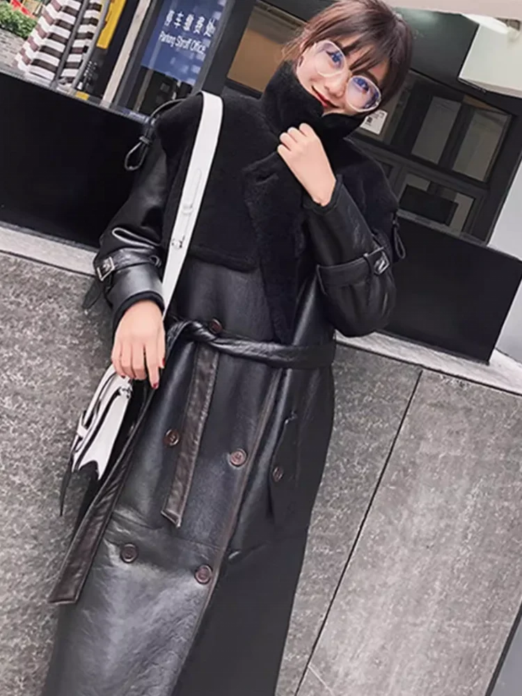 Manteau long femme cuir noir à large col – CLEVI Paris