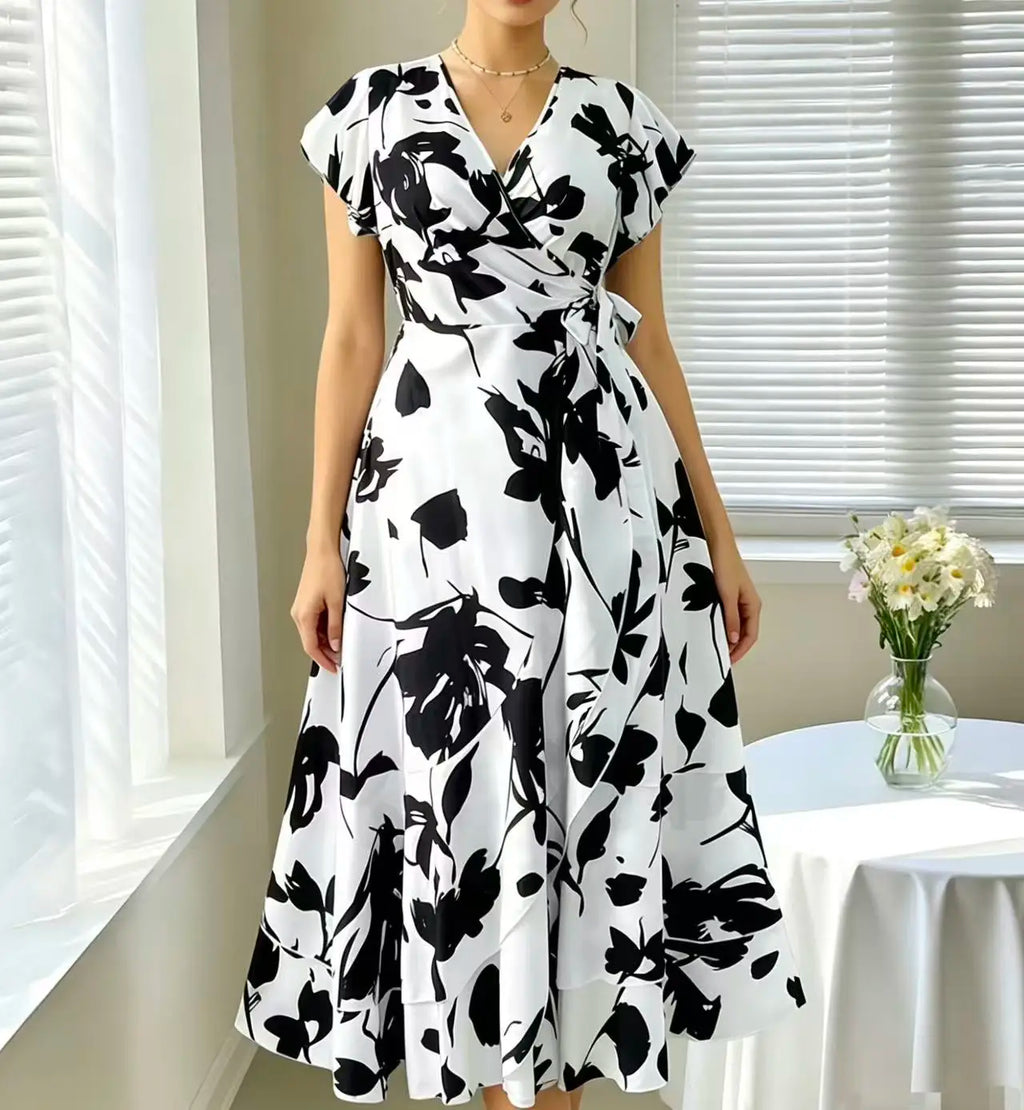 Robe Midi Portefeuille Grande Taille Femme Florale Noir & Blanc Col V Nœud – CLEVI Paris