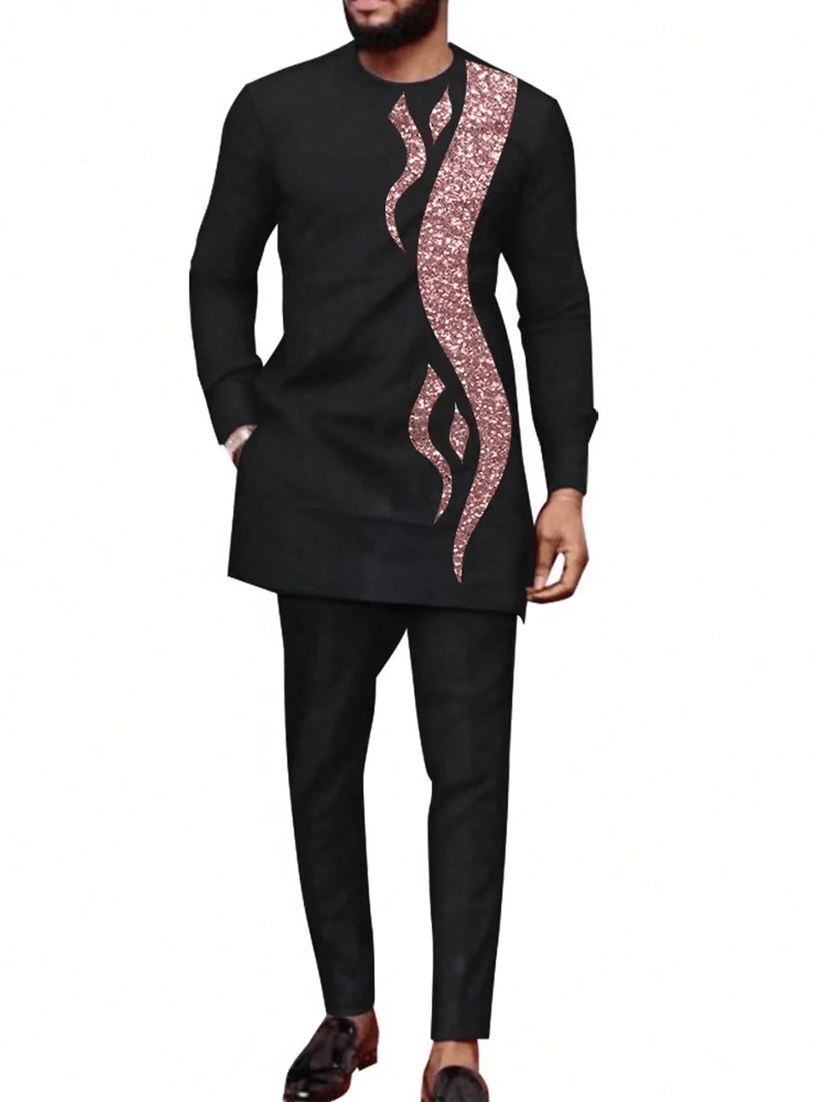 Kaftan Dashiki Homme 2 Pièces Brodé Manches Longues Col Rond + Pantalon Élastique Style Africain Mariage Fête M-4XL – CLEVI Paris