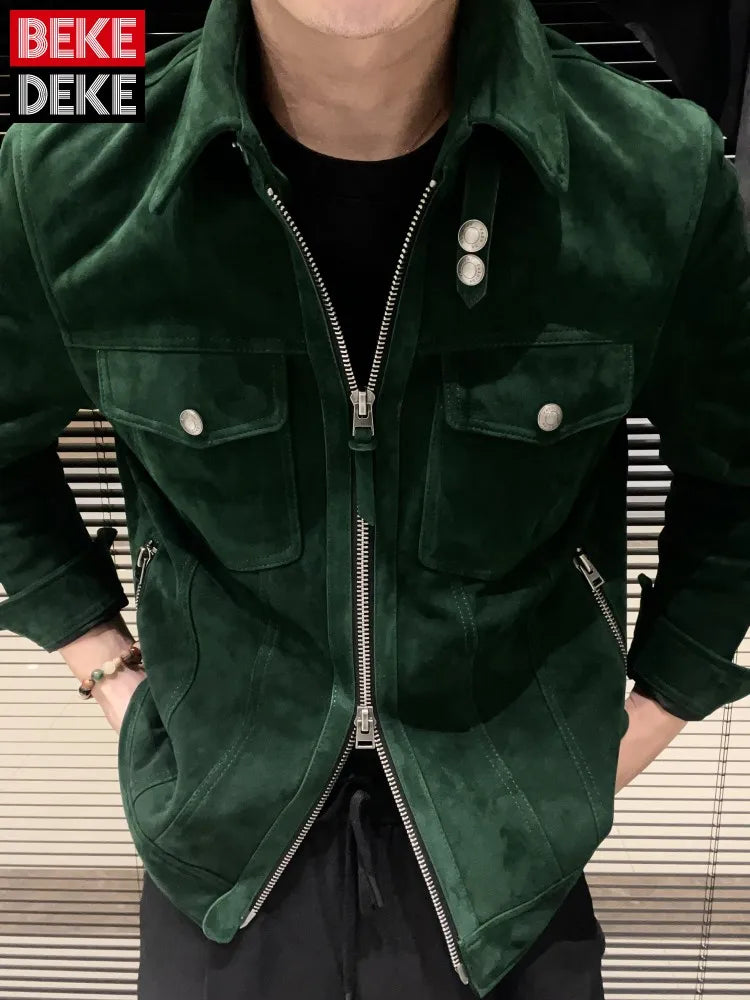 Blouson homme vert aspect daim à col rabattu – CLEVI Paris