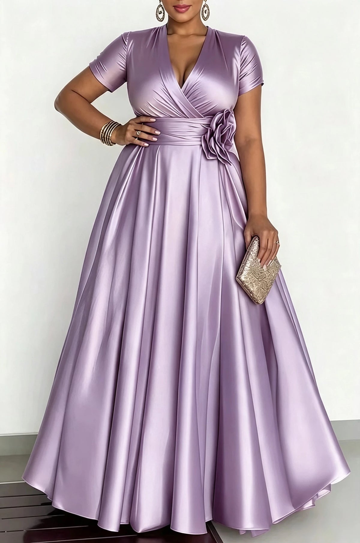 Robe de soirée satinée à fleur 3D – CLEVI Paris