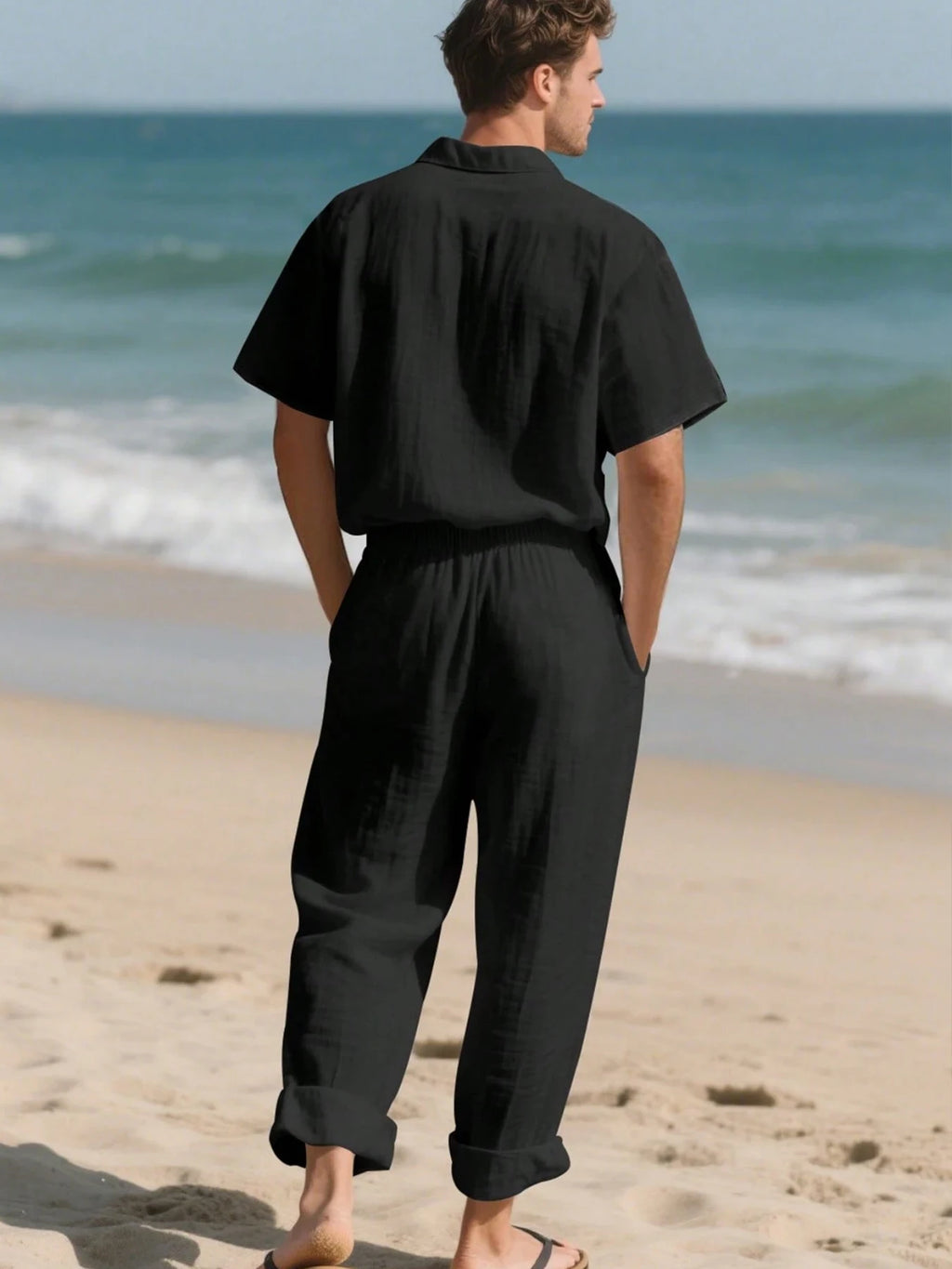 Ensemble 2 Pièces Homme Lin Chemise Manches Mi-Longues + Pantalon Cordon Casual Été S-XXL – CLEVI Paris