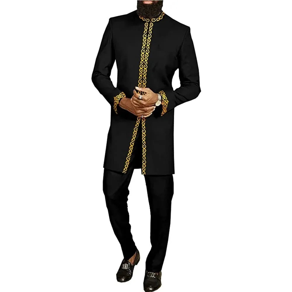 Kaftan Homme 2 Pièces Brodé Floral Col Mao Manches Longues + Pantalon Élastique Style Africain Mariage M-4XL – CLEVI Paris
