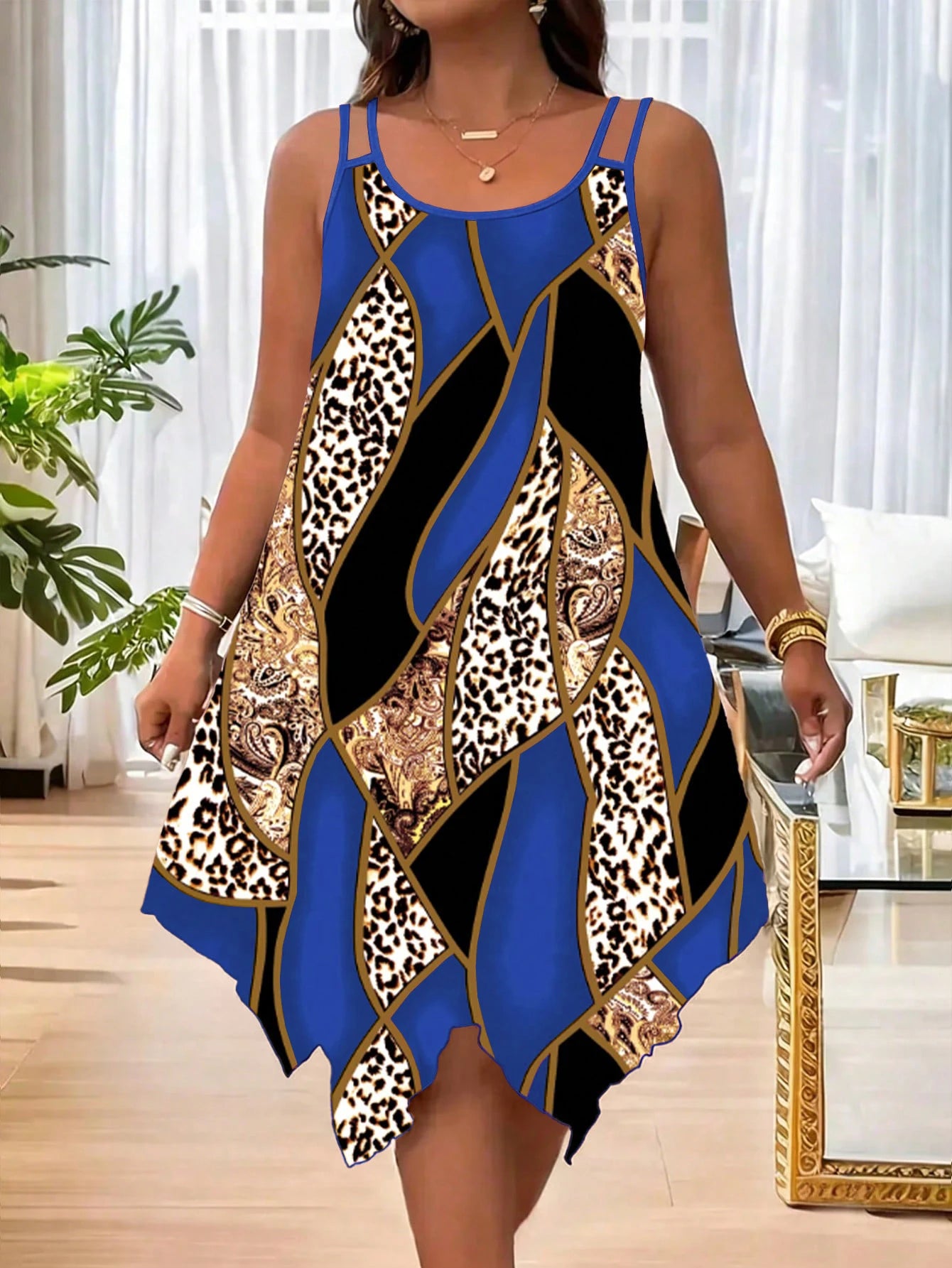 Robe Femme Grande Taille Imprimé Rayures Géométriques Asymmétriques Double Bretelles Casual – CLEVI Paris