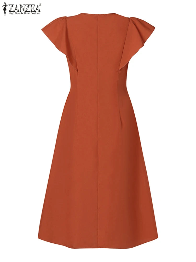 Robe Femme Col V Manches Papillon Couleur Unie Élégante Mi-Mollet – CLEVI Paris