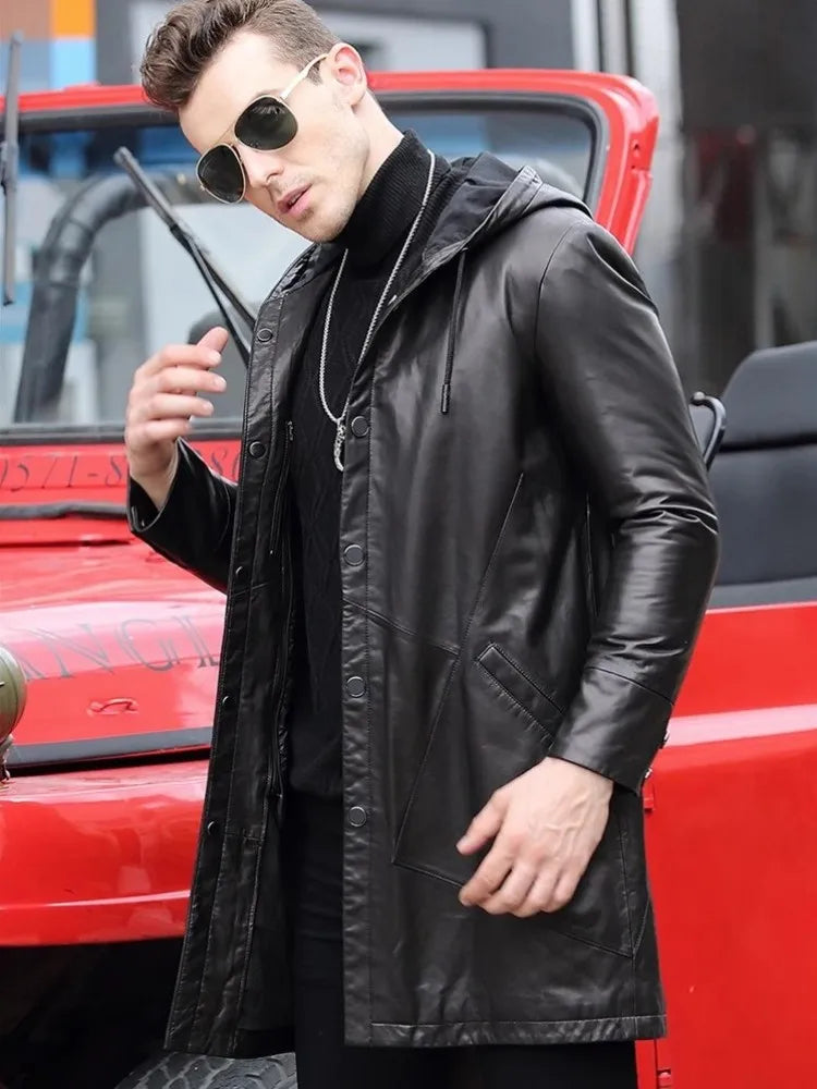 Manteau homme en cuir de mouton à capuche – CLEVI Paris
