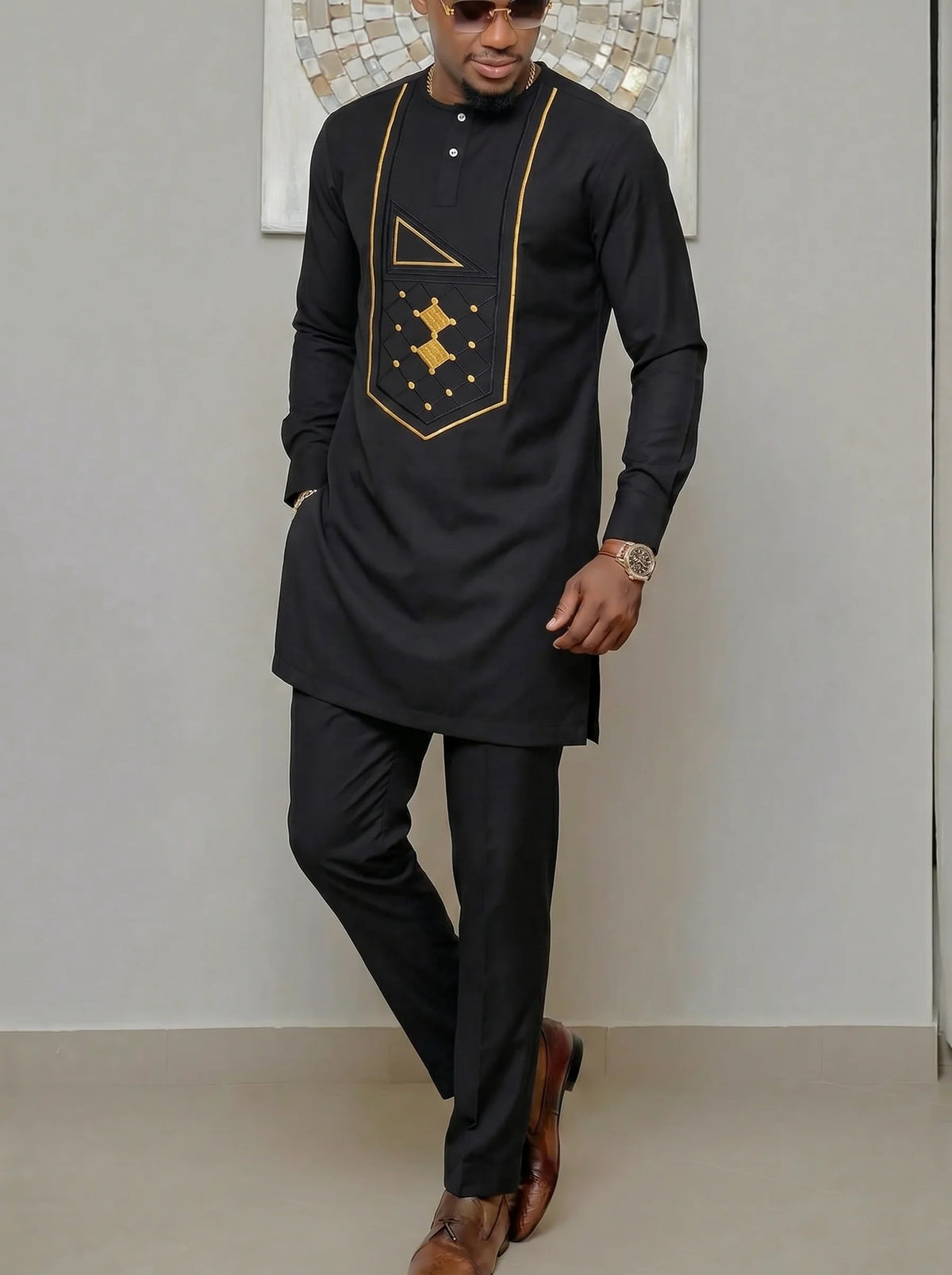 Ensemble Kaftan Homme Col Rond Manches Longues Tenue Africaine Traditionnelle 2 Pièces – CLEVI Paris