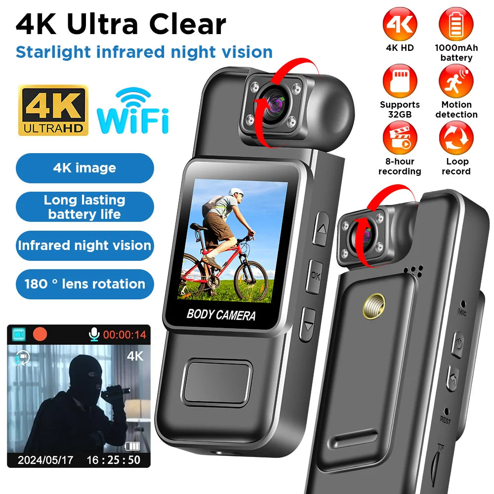 Mini Caméra Corporelle Occkic – 4K WiFi Hotspot Vision Nocturne IR 8h Écran 1,54" Clip Dorsal Sport Police – CLEVI Paris