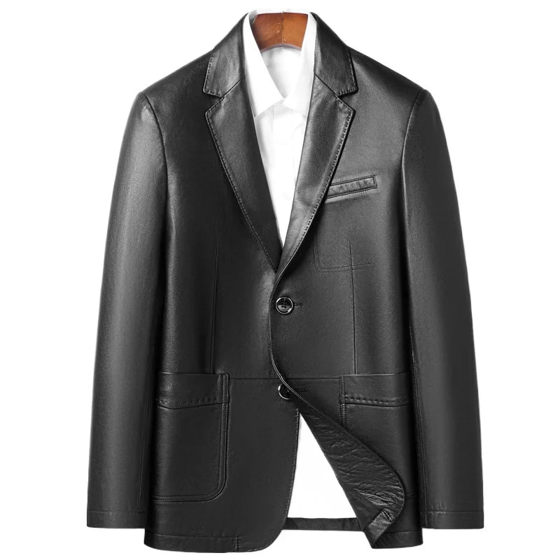 Veste homme noire en cuir de vache boutonnée – CLEVI Paris