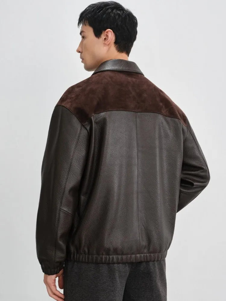 Veste homme en cuir à empiècements contrastants – CLEVI Paris