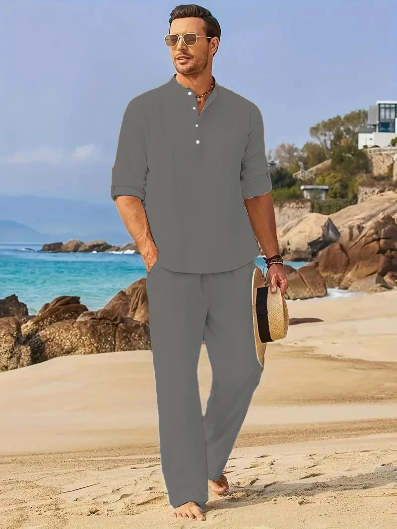 Ensemble Homme Chemise Henley Manches Longues Col Tunisien + Pantalon Taille Élastique Coton Lin Casual Été 8 Coloris – CLEVI Paris