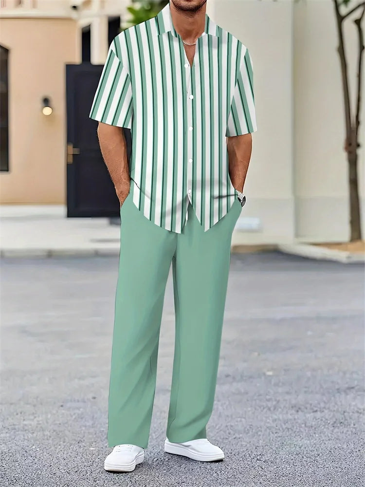 Ensemble 2 Pièces Homme Chemise Imprimée 3D Col Cranté + Pantalon Casual Voyage – 26 Motifs, S à 2XL – CLEVI Paris