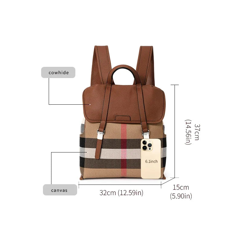 Sac À Dos Toile Carreaux Cuir Véritable Bretelles Réglables – CLEVI Paris