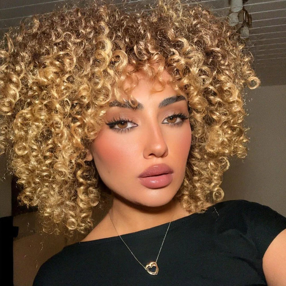 Perruque Synthétique Courte Afro Kinky Curly Avec Frange 180% 6 Teintes 14 Pouces – CLEVI Paris