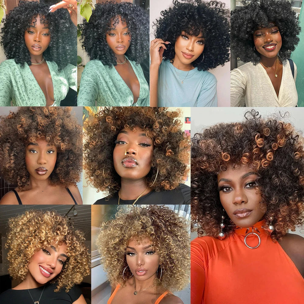 Perruque Synthétique Courte Afro Kinky Curly Avec Frange 180% 6 Teintes 14 Pouces – CLEVI Paris