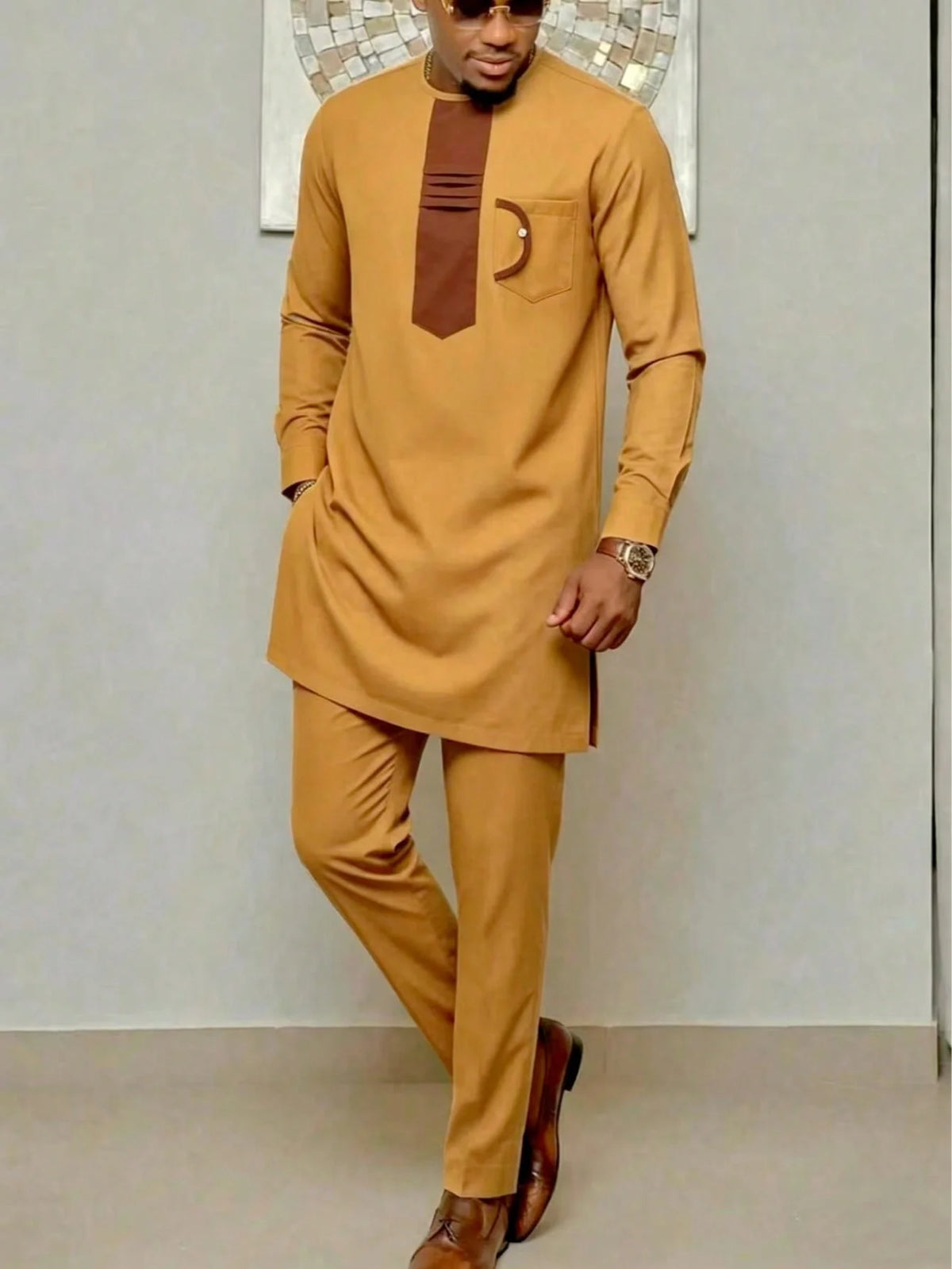 Ensemble Kaftan Homme Col Rond Manches Longues Tenue Africaine Traditionnelle 2 Pièces – CLEVI Paris