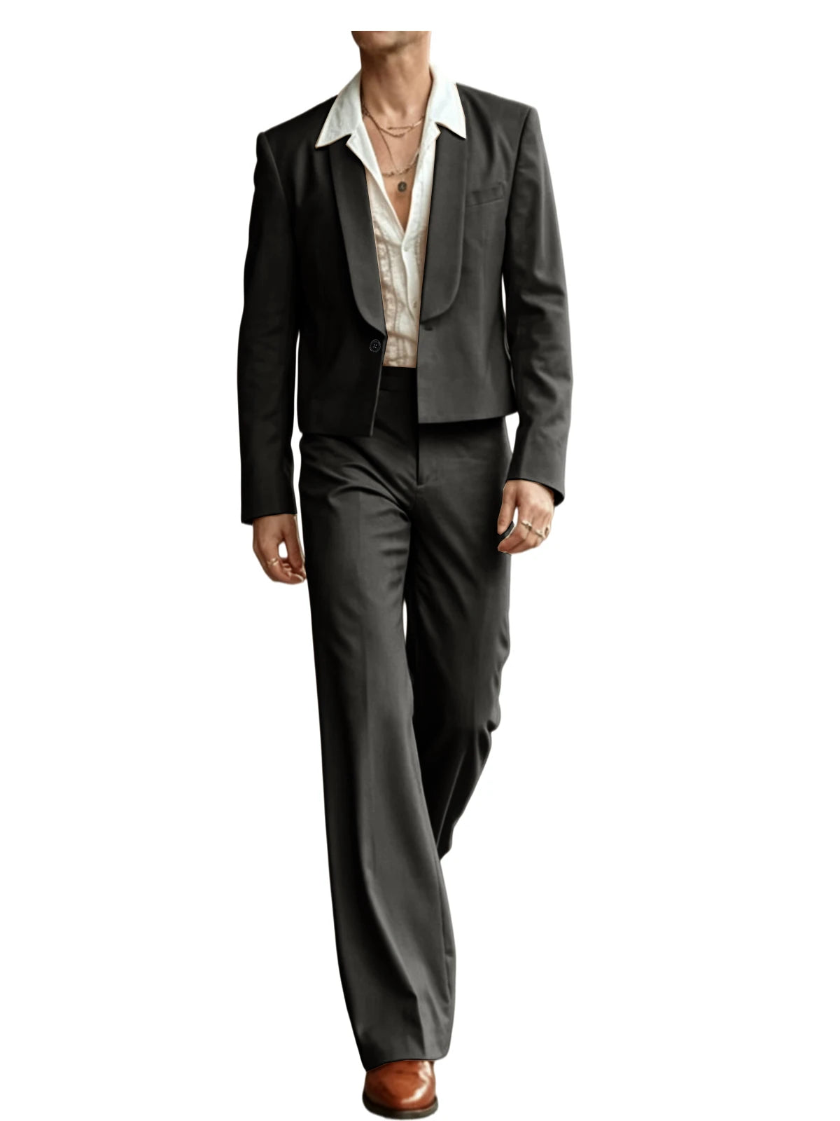 Costume 2 Pièces Homme Blazer Court Col Châle + Pantalon Évasé Taille Haute Style Vintage Slim Fit – CLEVI Paris