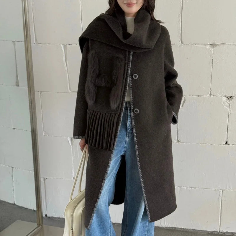 Manteau long en laine à col écharpe femme – CLEVI Paris