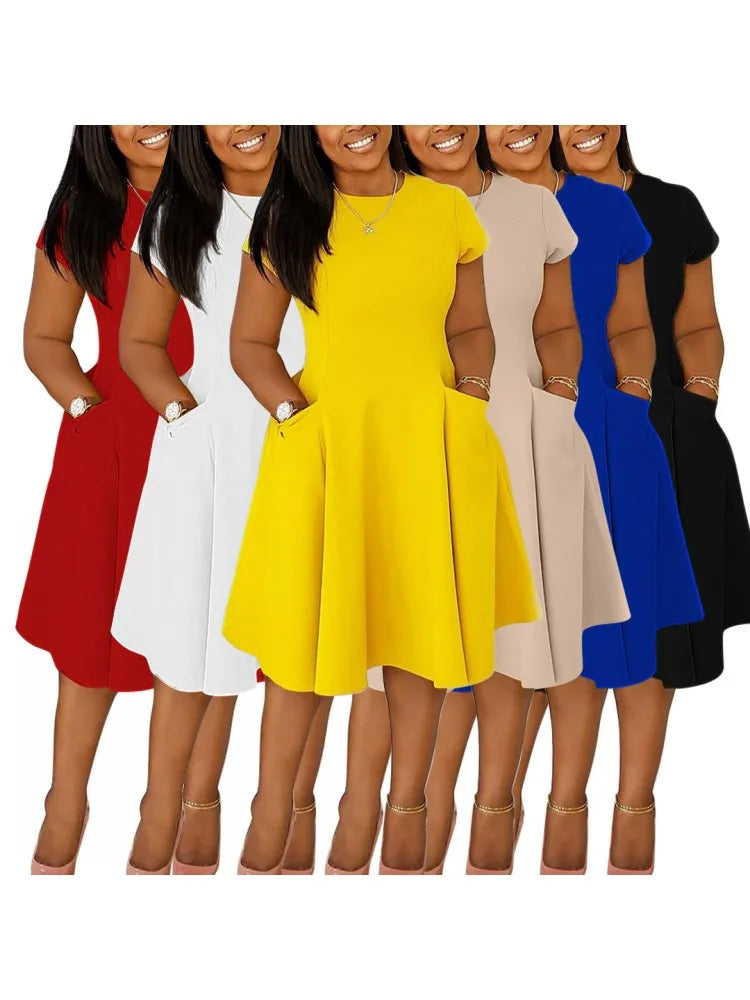 Robe Femme Grande Taille Col Rond Manches Courtes A-line Mi-Mollet Poches Casual – CLEVI Paris