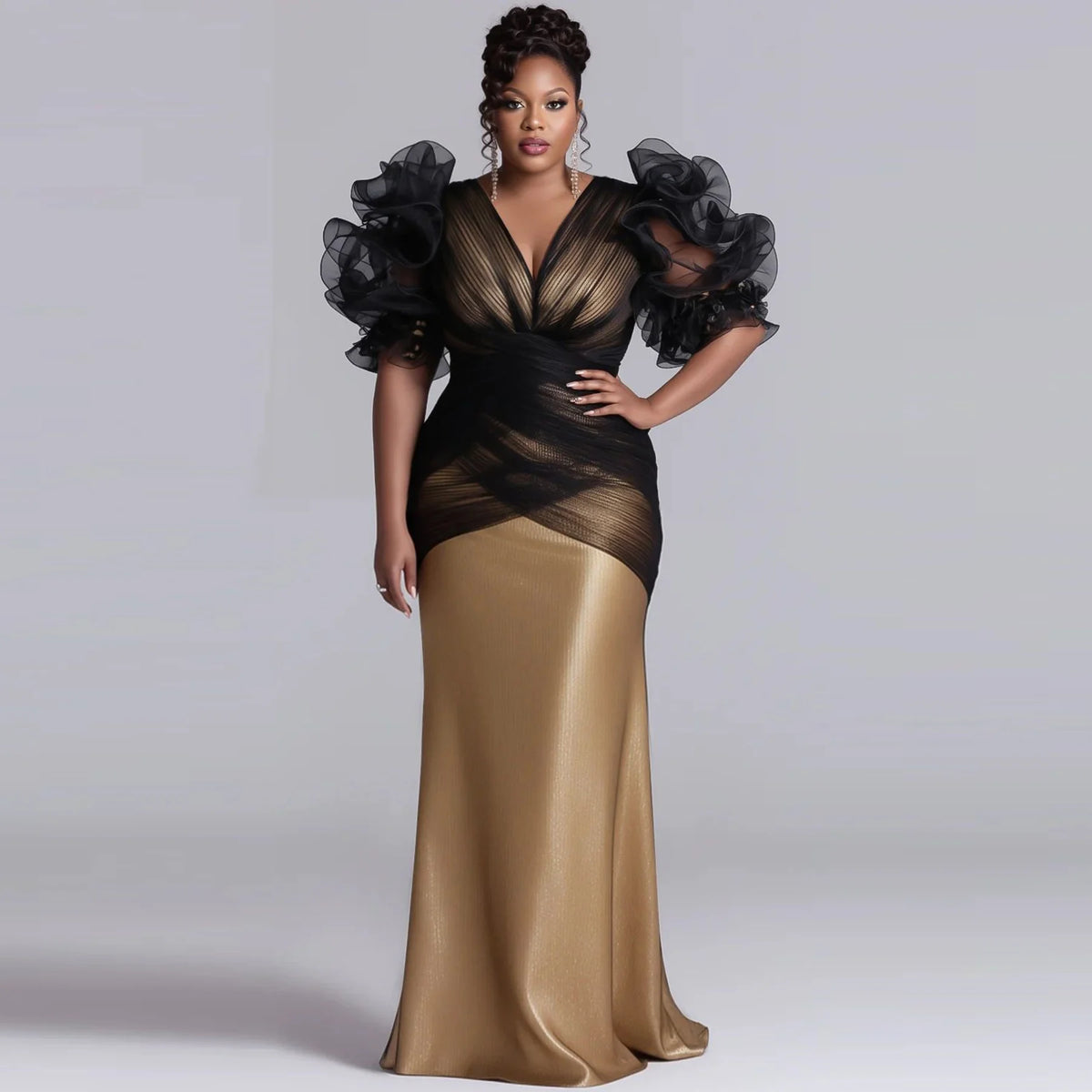 Robe de soirée longue col V à plumes – CLEVI Paris