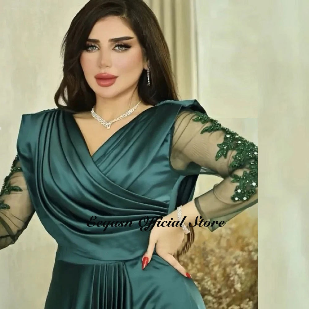 Robe de soirée col en V manches longues – CLEVI Paris