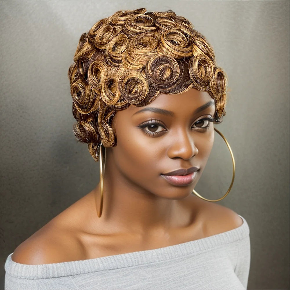 Perruque Pixie Cut Chioma Curly Wavy Highlight Cheveux Humains Brésiliens 150% 4 Teintes 6 Pouces – CLEVI Paris