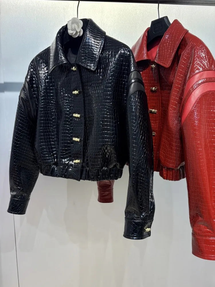 Veste courte femme en cuir effet crocodile – CLEVI Paris