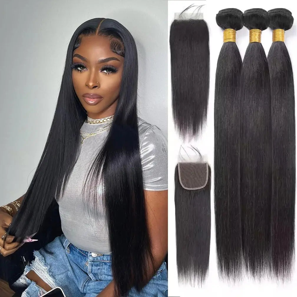 3 Bundles Cheveux Humains Lisses Brésiliens avec Closure HD 4x4 – CLEVI Paris