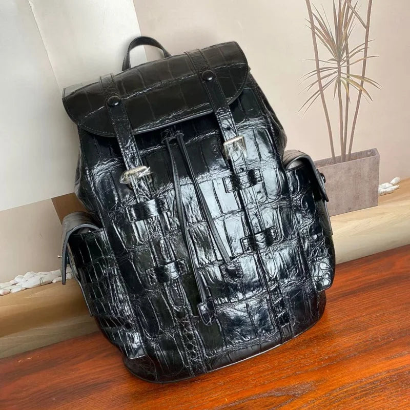 Sac à Dos Cuir Croco Noir Homme Cordon 30x38cm – CLEVI Paris