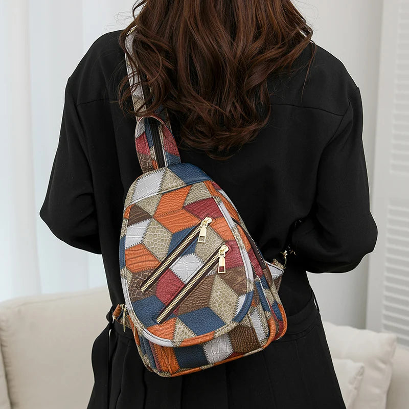 Sac Banane PU Patchwork Femme Retro Multi-Port Casual Chic – CLEVI Paris