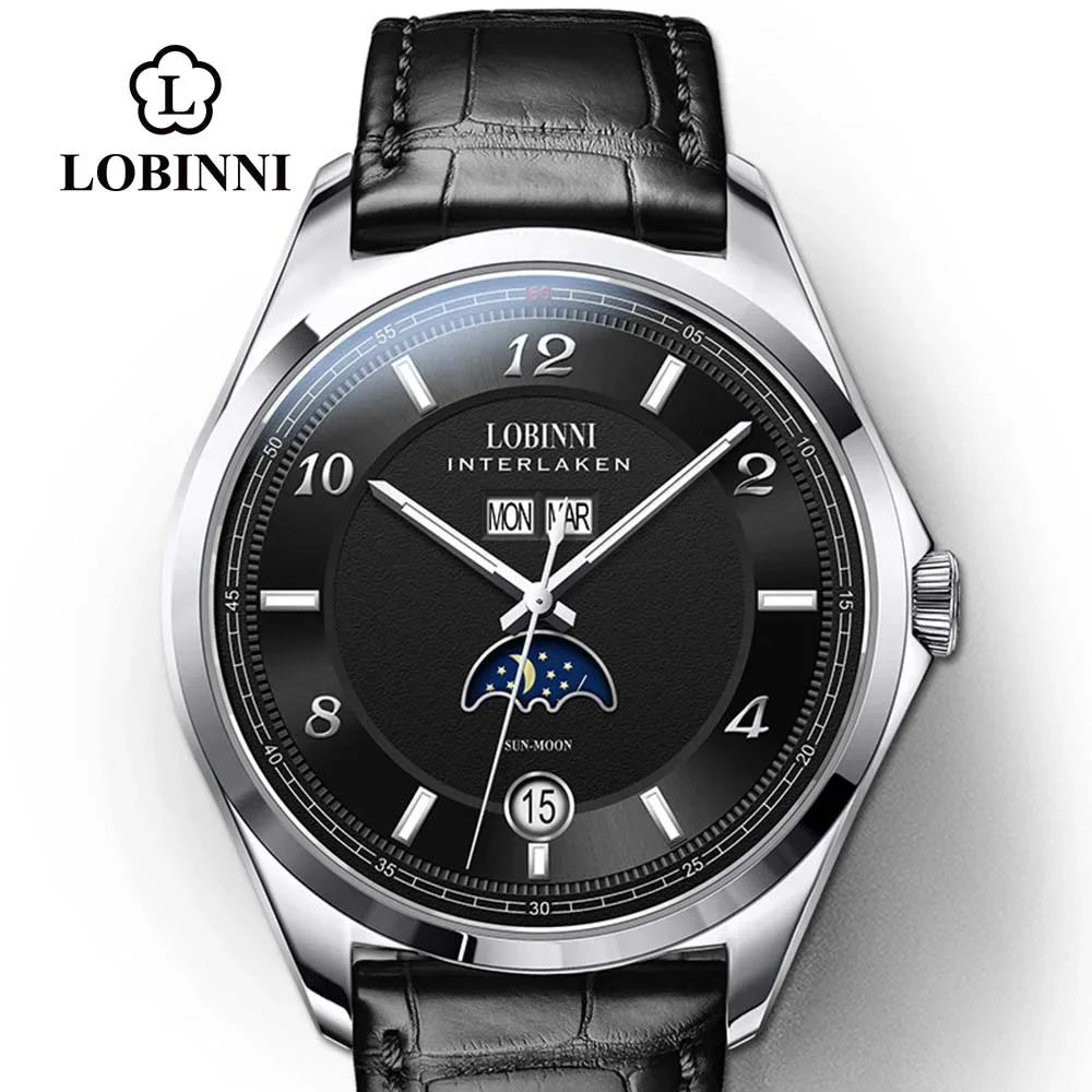 Montre Homme LOBINNI 40mm Automatique Calendrier Verre Saphir Bracelet Cuir – CLEVI Paris