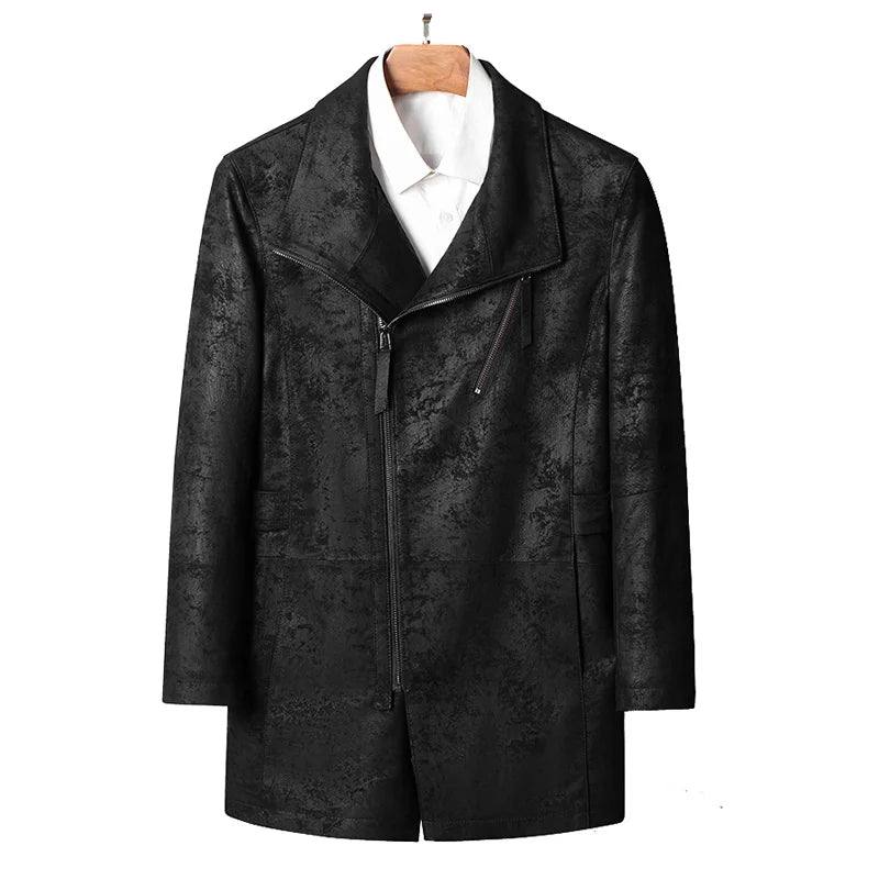 Manteau homme en cuir noir à zip asymétrique – CLEVI Paris