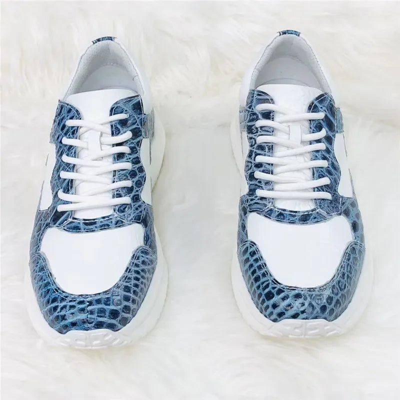 Sneakers Marche Cuir Crocodile & Vachette Homme Blanc Bleu – CLEVI Paris