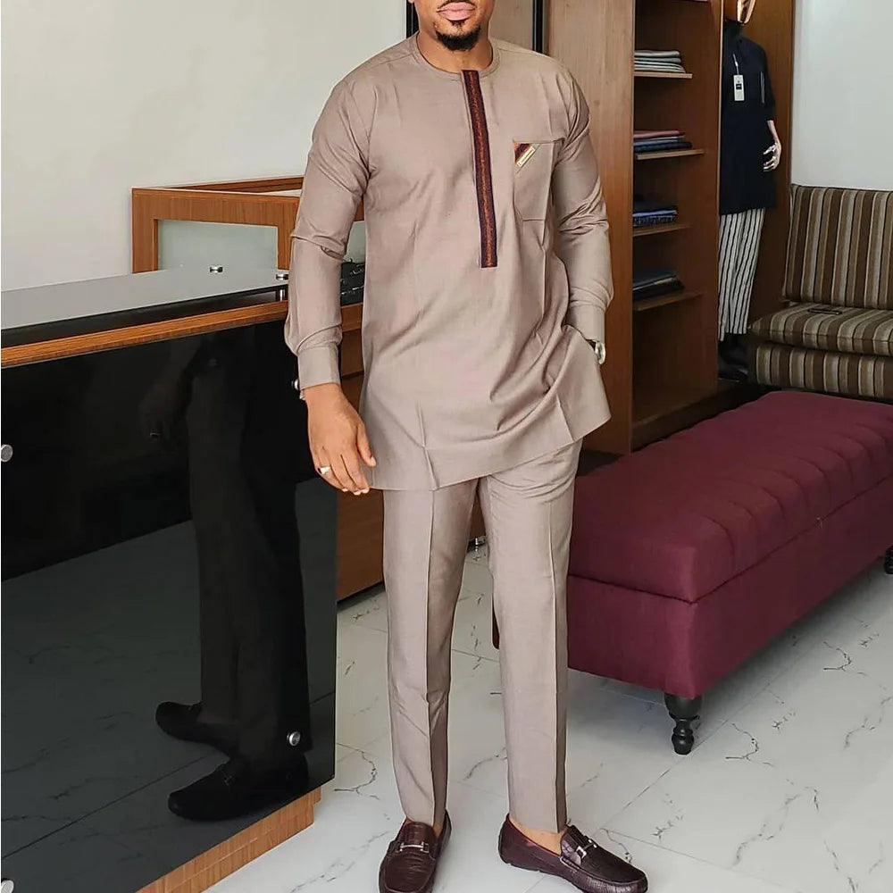Ensemble Kaftan Homme 2 Pièces Broderie Manches Longues Col Rond + Pantalon Cordon Style Africain Mariage M-4XL – CLEVI Paris