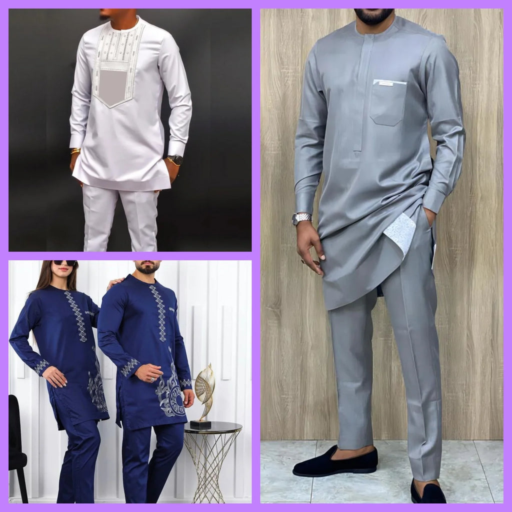 Kaftan Agbada Homme Style Africain 2 Pièces Veste Manches Longues + Pantalon Mariage Cérémonie S-XXL – CLEVI Paris