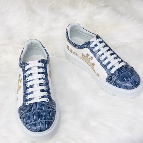 Chaussures Homme Luxe – Cuir Véritable Crocodile & Vachette, Lacets, Bicolore Blanc & Bleu | Édition Unique