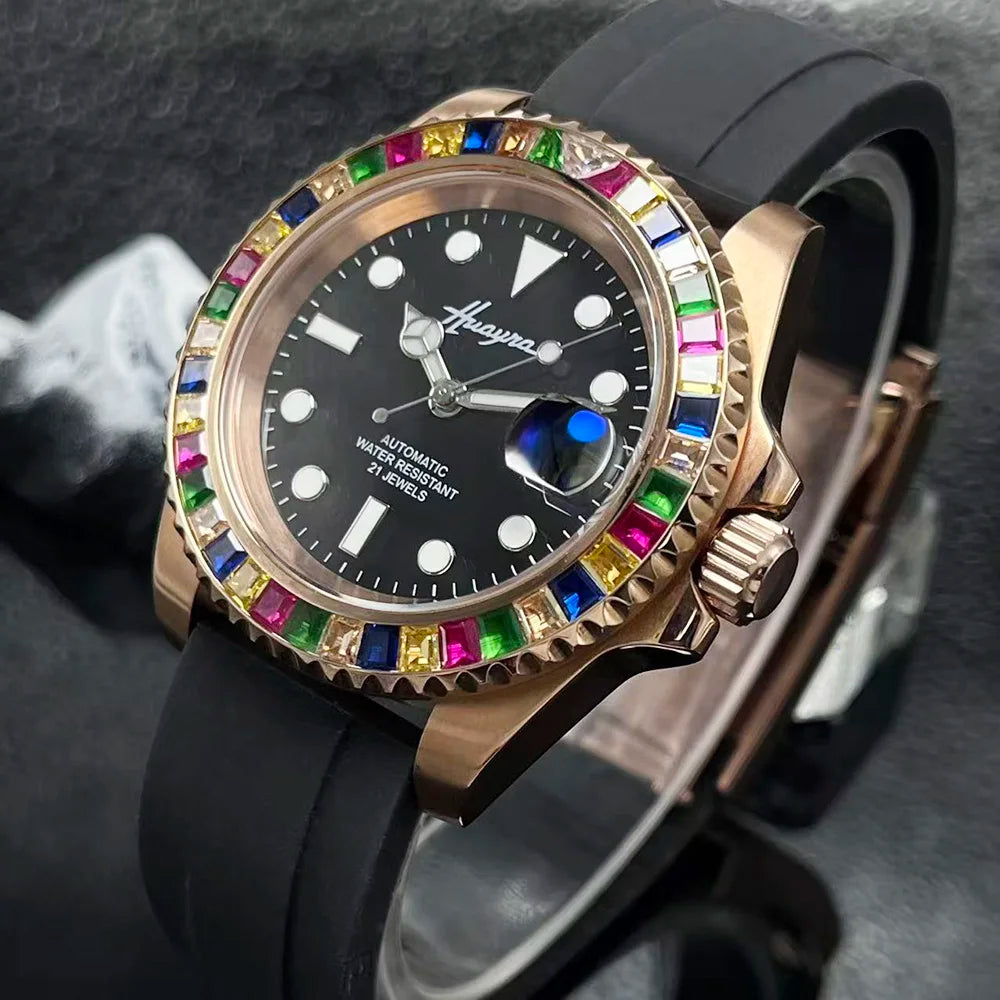 Montre Homme Automatique HUAYRA – Miyota 8215 Diamants Arc-en-Ciel Verre Saphir Bracelet Caoutchouc – CLEVI Paris