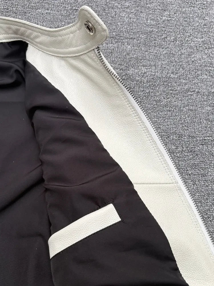 Veste homme en cuir ivoire à col montant – CLEVI Paris
