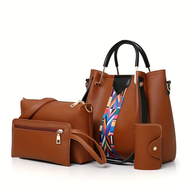 Coffret 4 Sacs Femme PU Rayé Tote + Croisé + Pochette + Porte-Cartes – CLEVI Paris