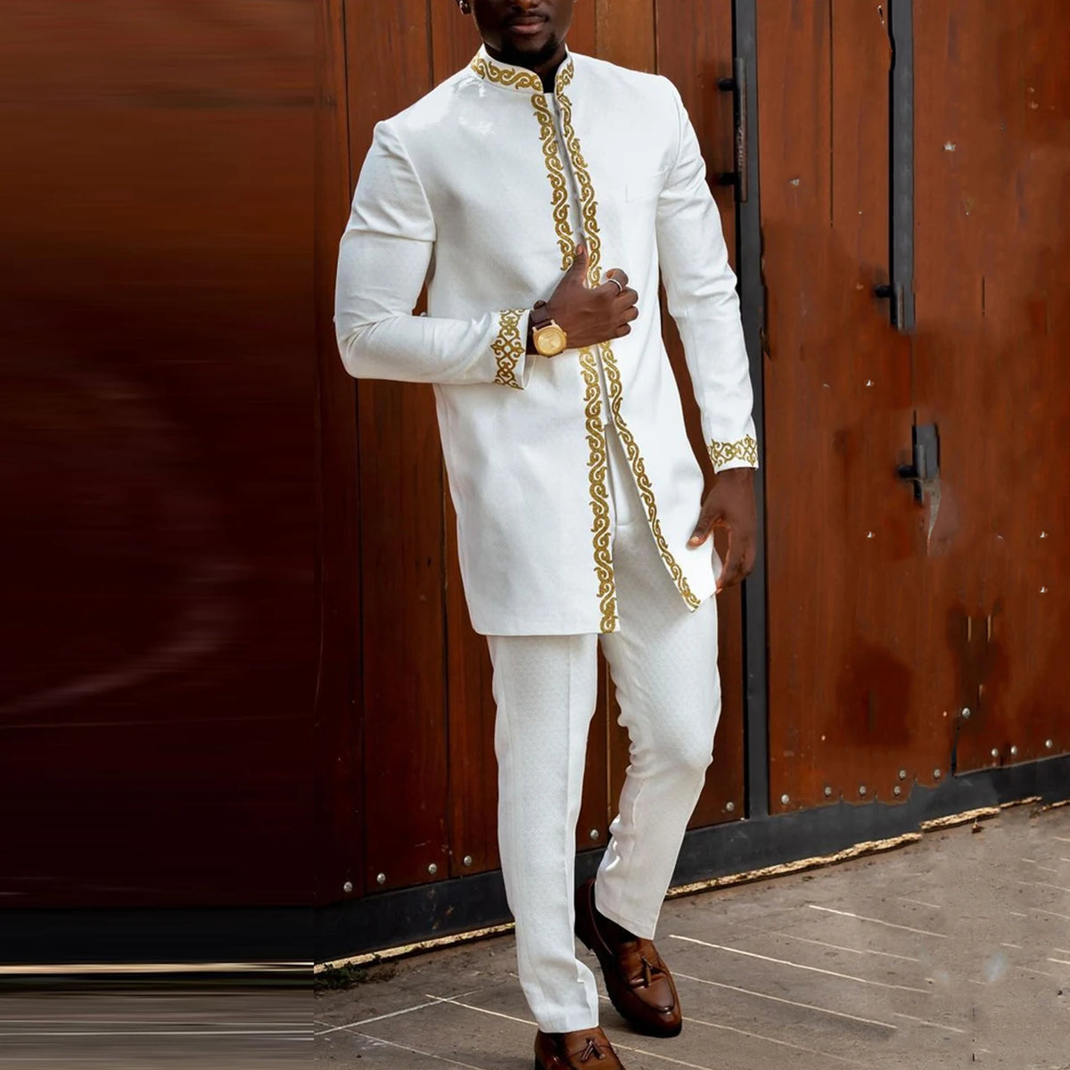 Ensemble Kaftan Africain Homme 2 Pièces – Costume Brodé Manches Longues – CLEVI Paris