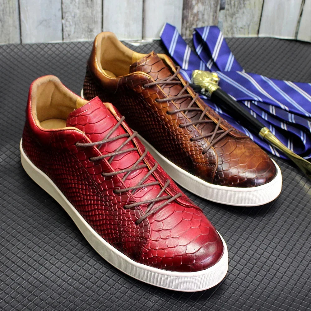 Sneakers Cuir Vachette Homme Motif Serpent Lacets Noir Rouge – CLEVI Paris