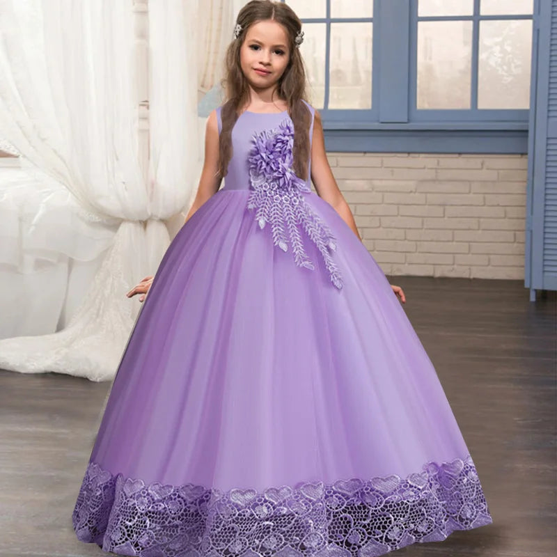 Robe longue fille à appliques florales – CLEVI Paris